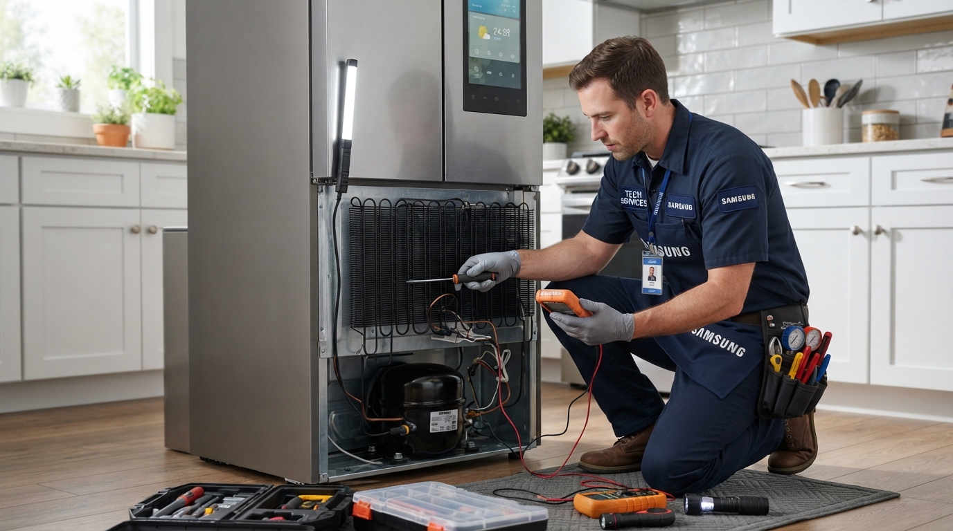 Technician repairing refrigerator