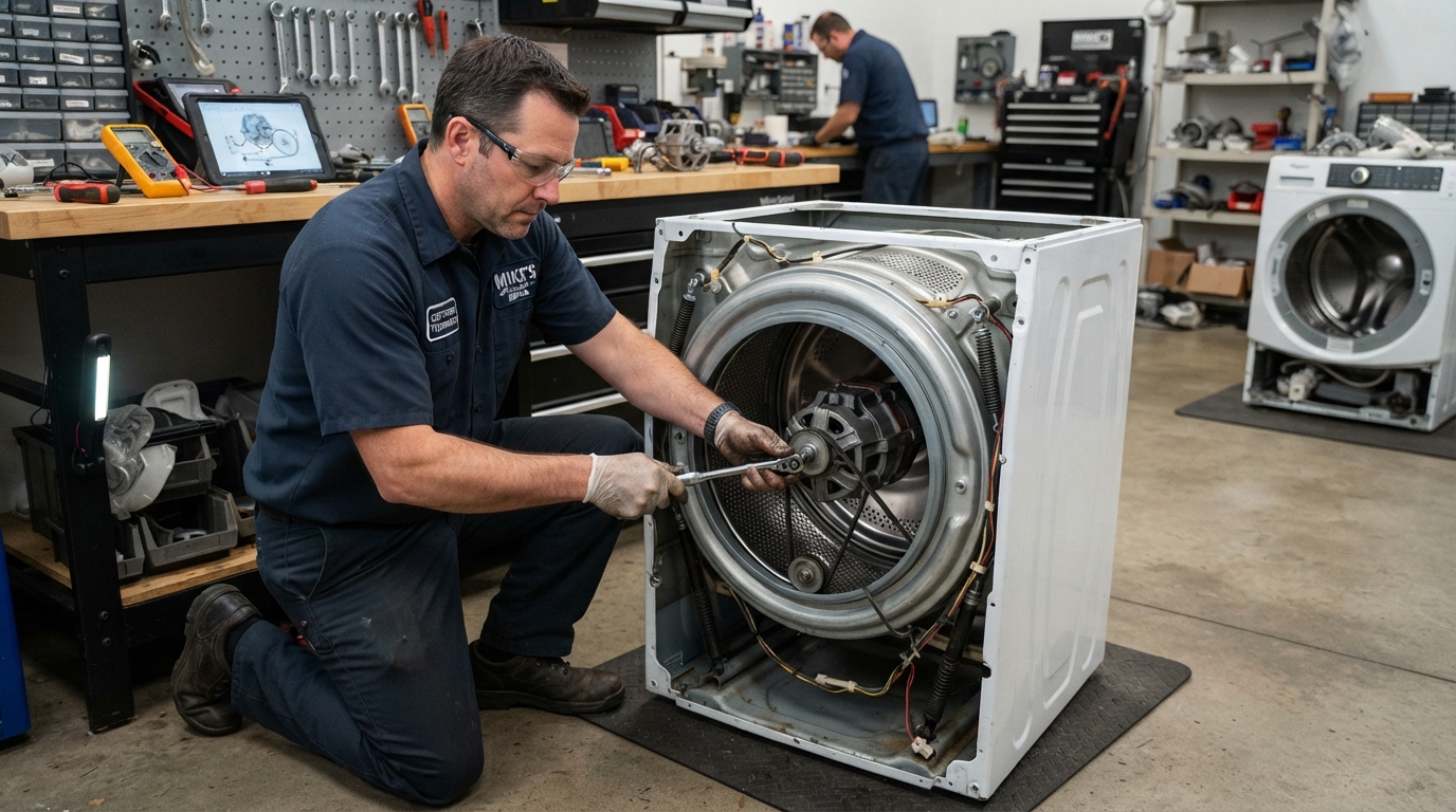 Technician repairing front load washing machine
